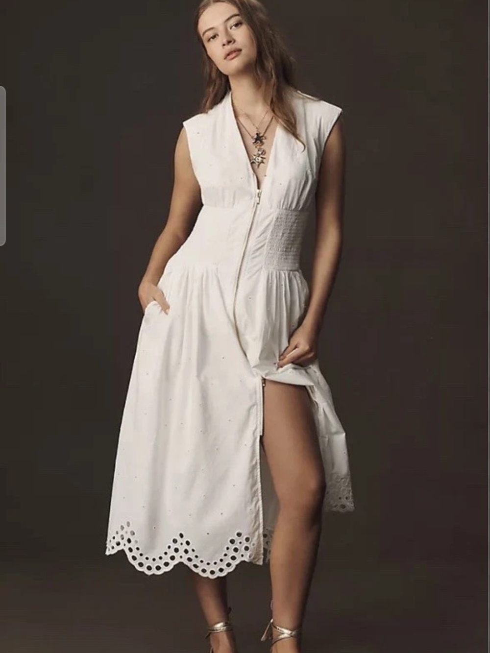 Anthropologie Smocked Front-Zip Shirt Dress Size XS Petite White